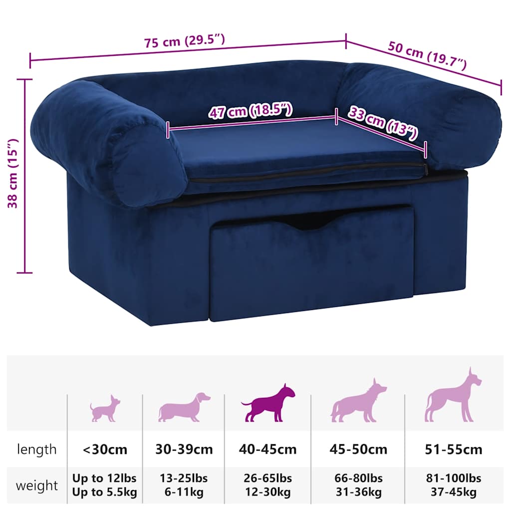 Dog sofa with drawer blue 75x50x38 cm plush