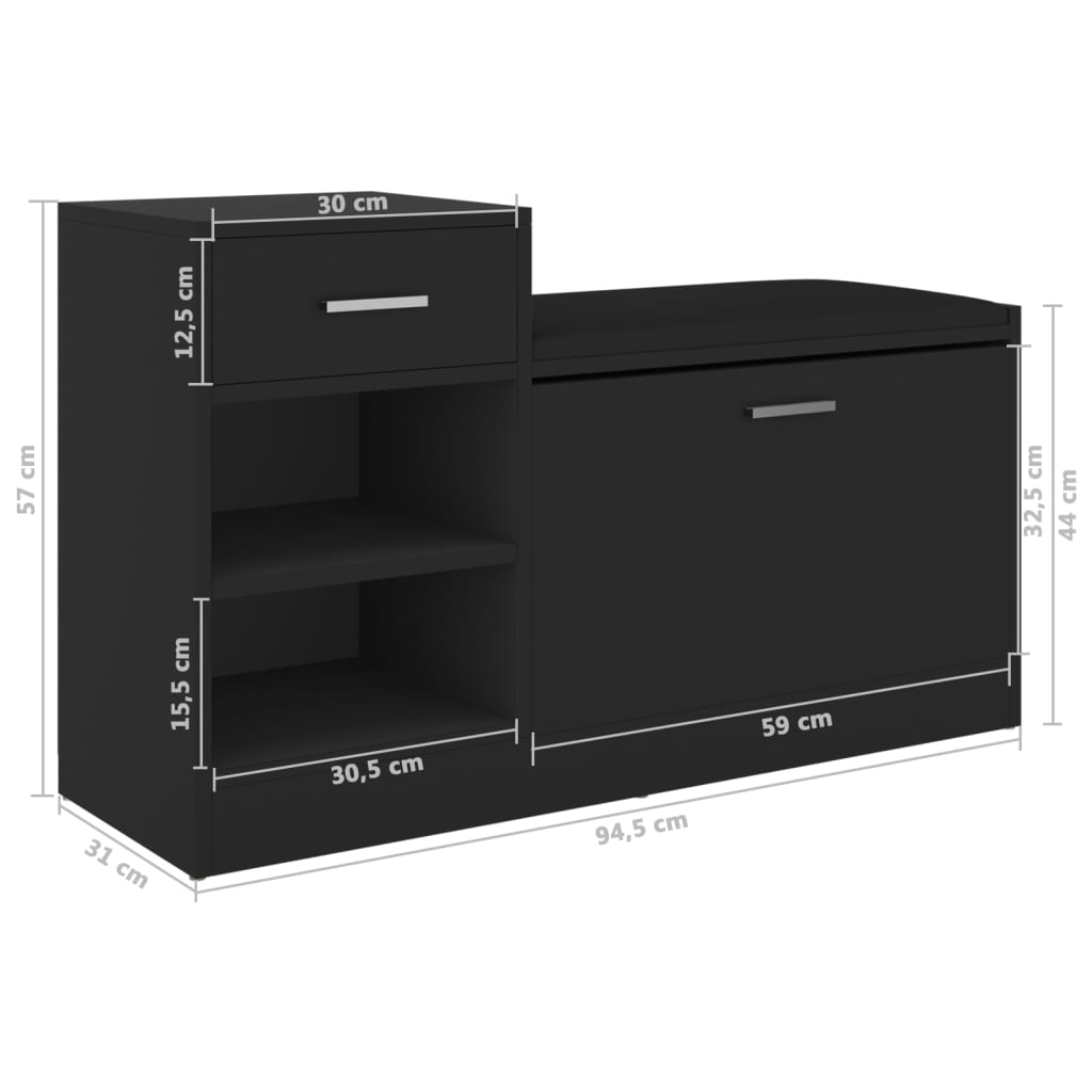 Shoe bench black 94.5x31x57 cm wood material