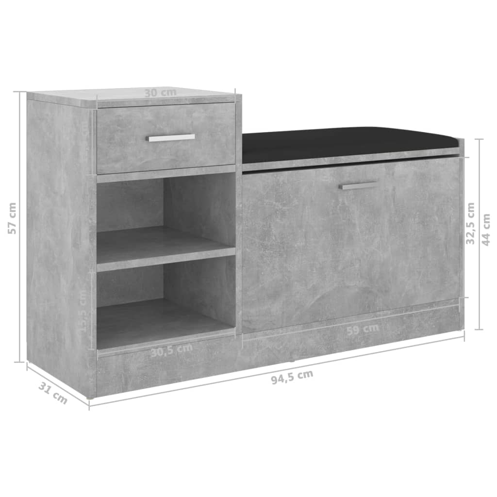 Shoe bench concrete grey 94.5x31x57 cm wood material