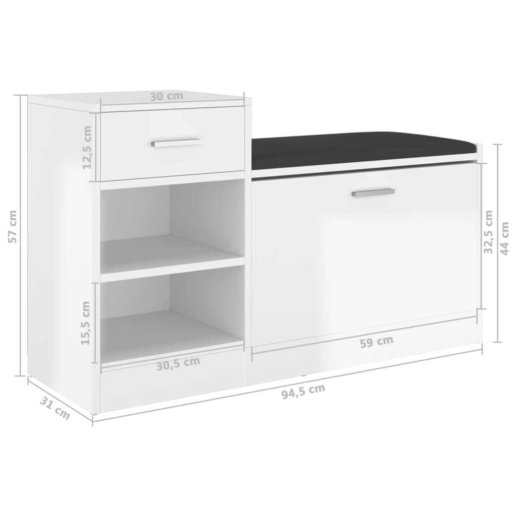 Shoe bench high-gloss white 94.5x31x57 cm wood-based material