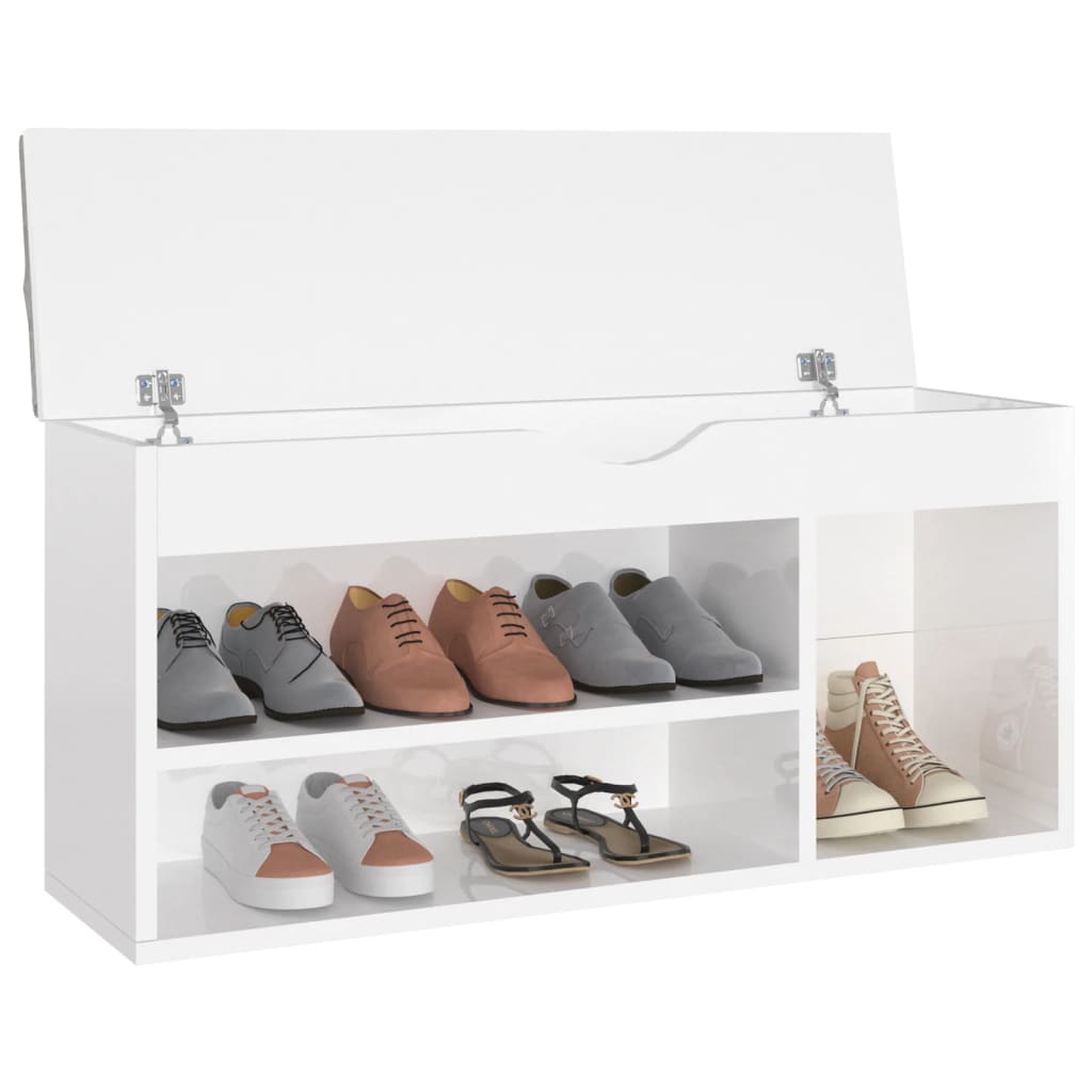 Shoe bench with cushion high-gloss white 104x30x49 cm wood material