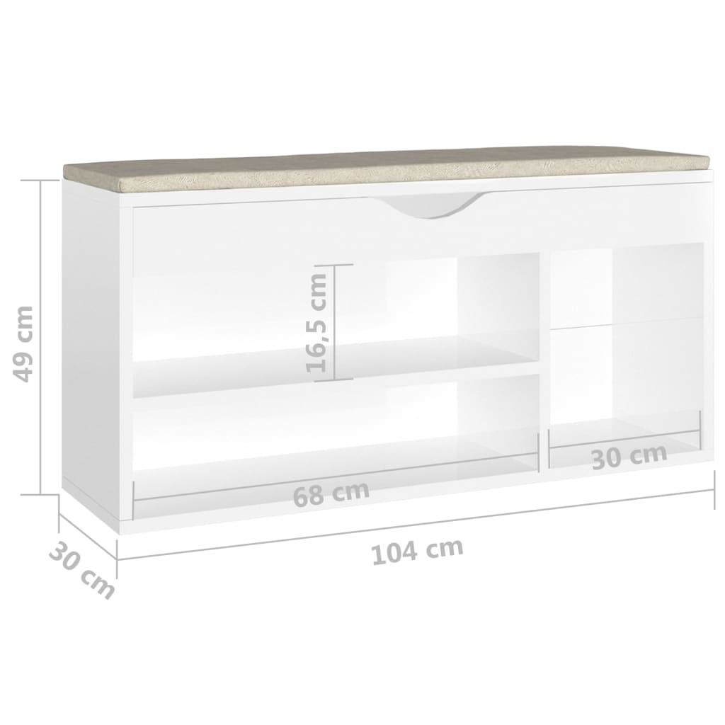 Shoe bench with cushion high-gloss white 104x30x49 cm wood material
