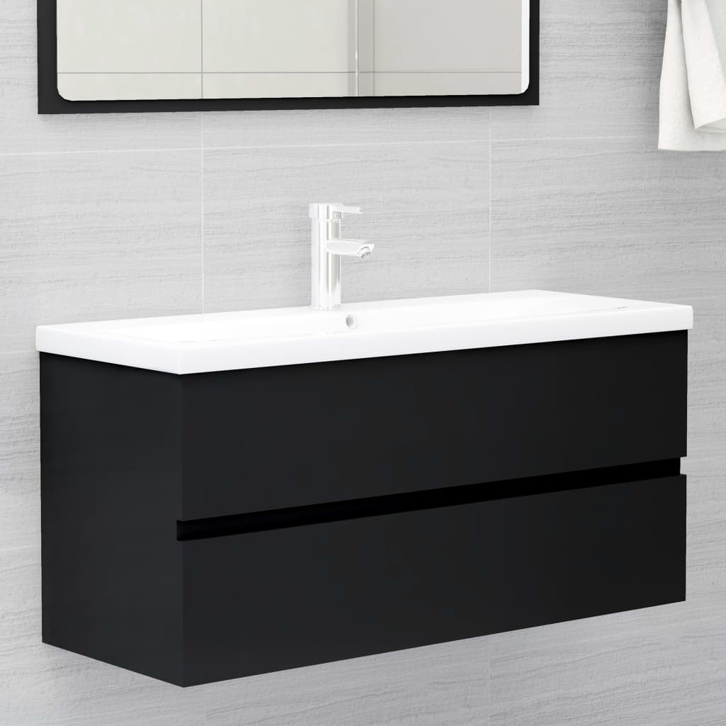 Vanity unit with built-in basin, black wood material