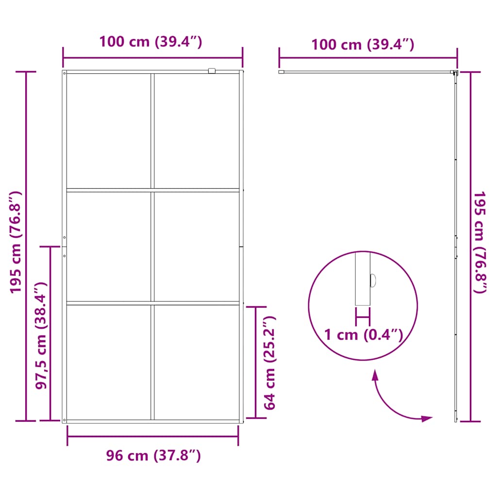 Shower screen for walk-in shower with clear tempered glass 100x195 cm