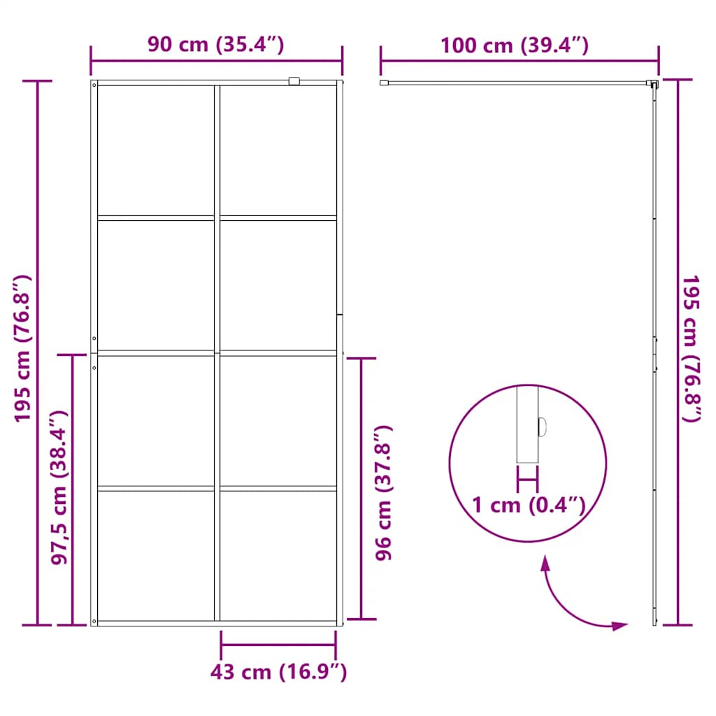 Shower screen for walk-in shower with clear tempered glass 90x195 cm