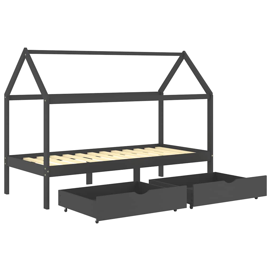 Children's bed with drawers dark grey solid pine wood 90x200cm