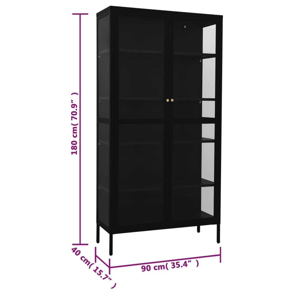 Display cabinet black 90x40x180 cm steel and tempered glass