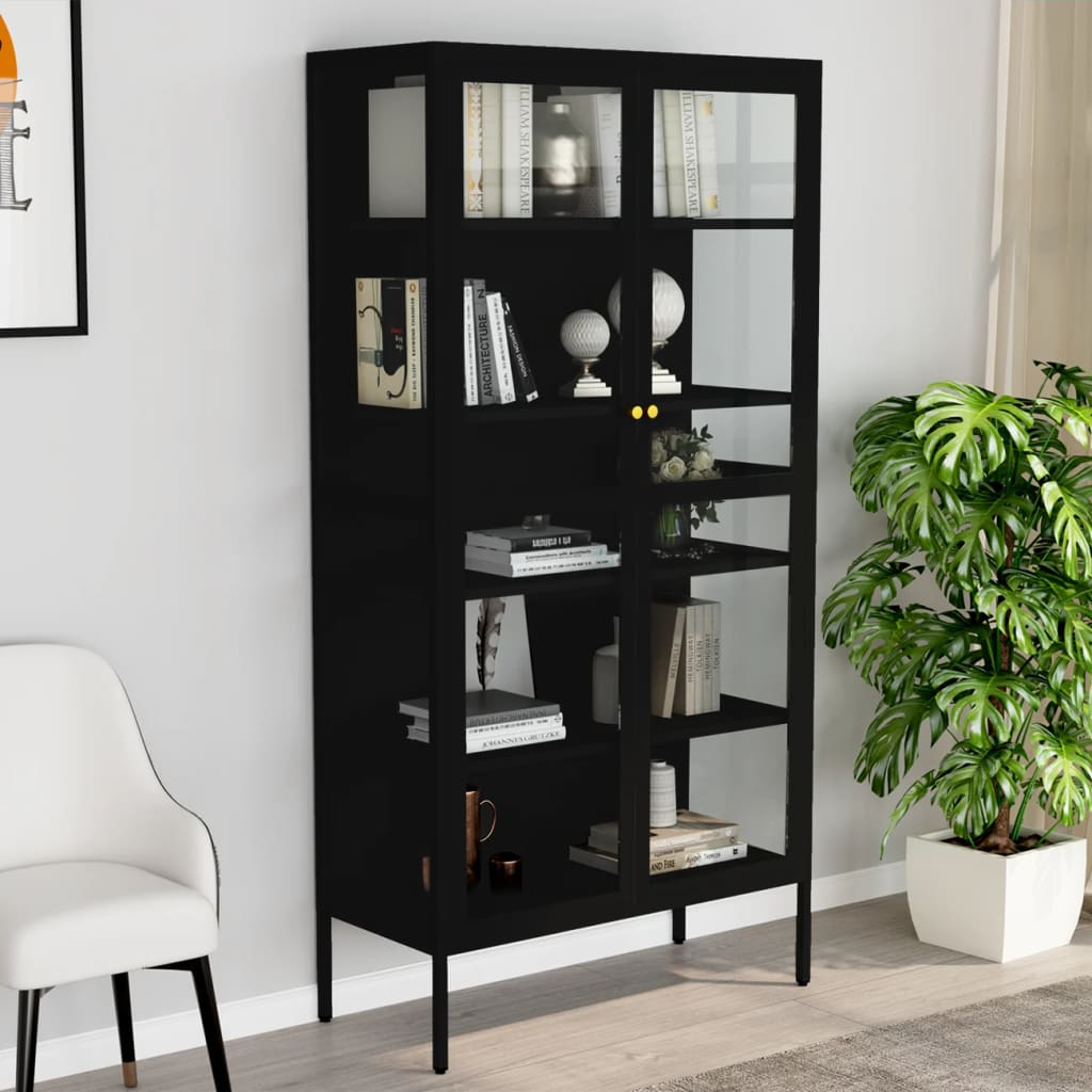 Display cabinet black 90x40x180 cm steel and tempered glass