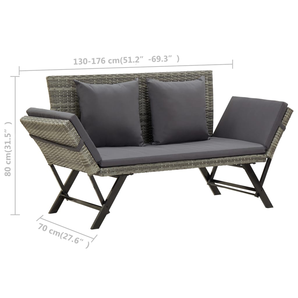 Garden bench with cushion grey 176 cm poly rattan