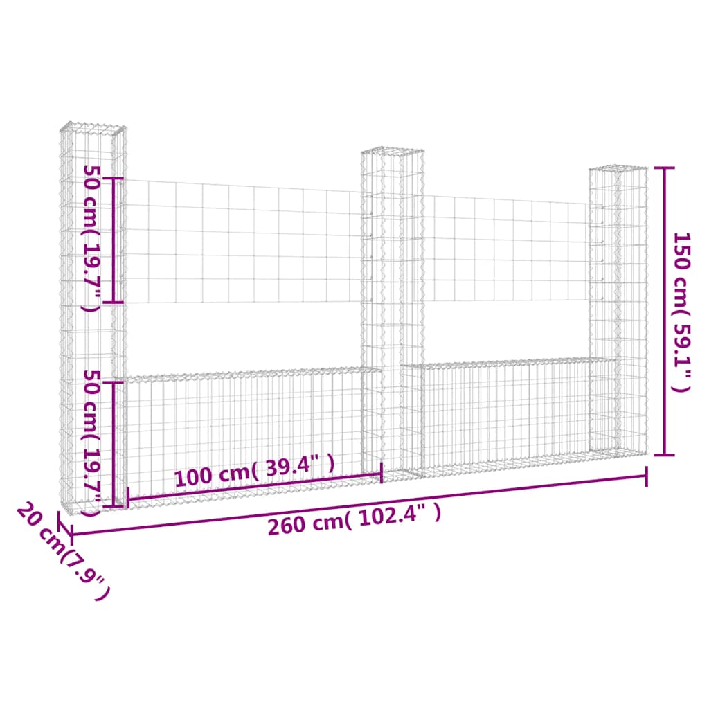 Gabion basket U-shape with 3 iron pillars 260x20x150 cm