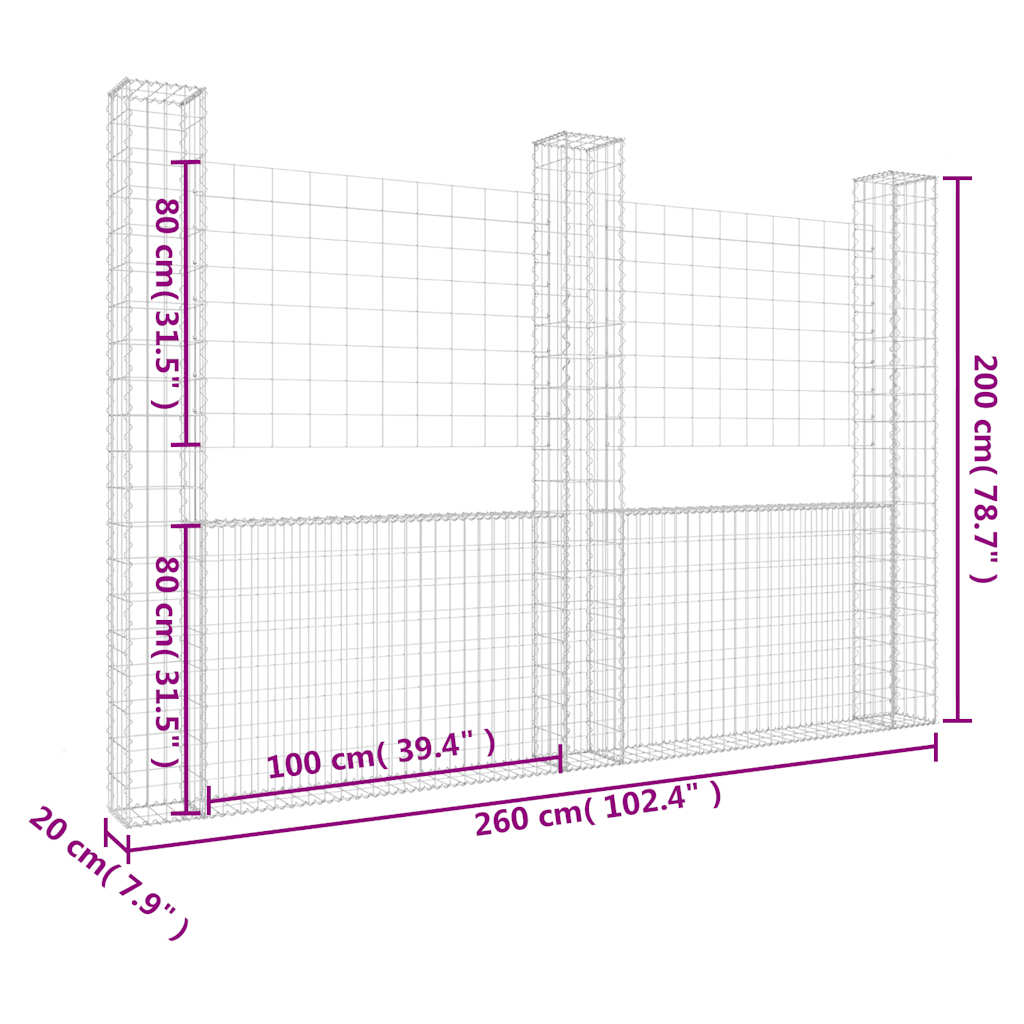 Gabionenkorb U-Form mit 3 Säulen Eisen 260x20x200 cm