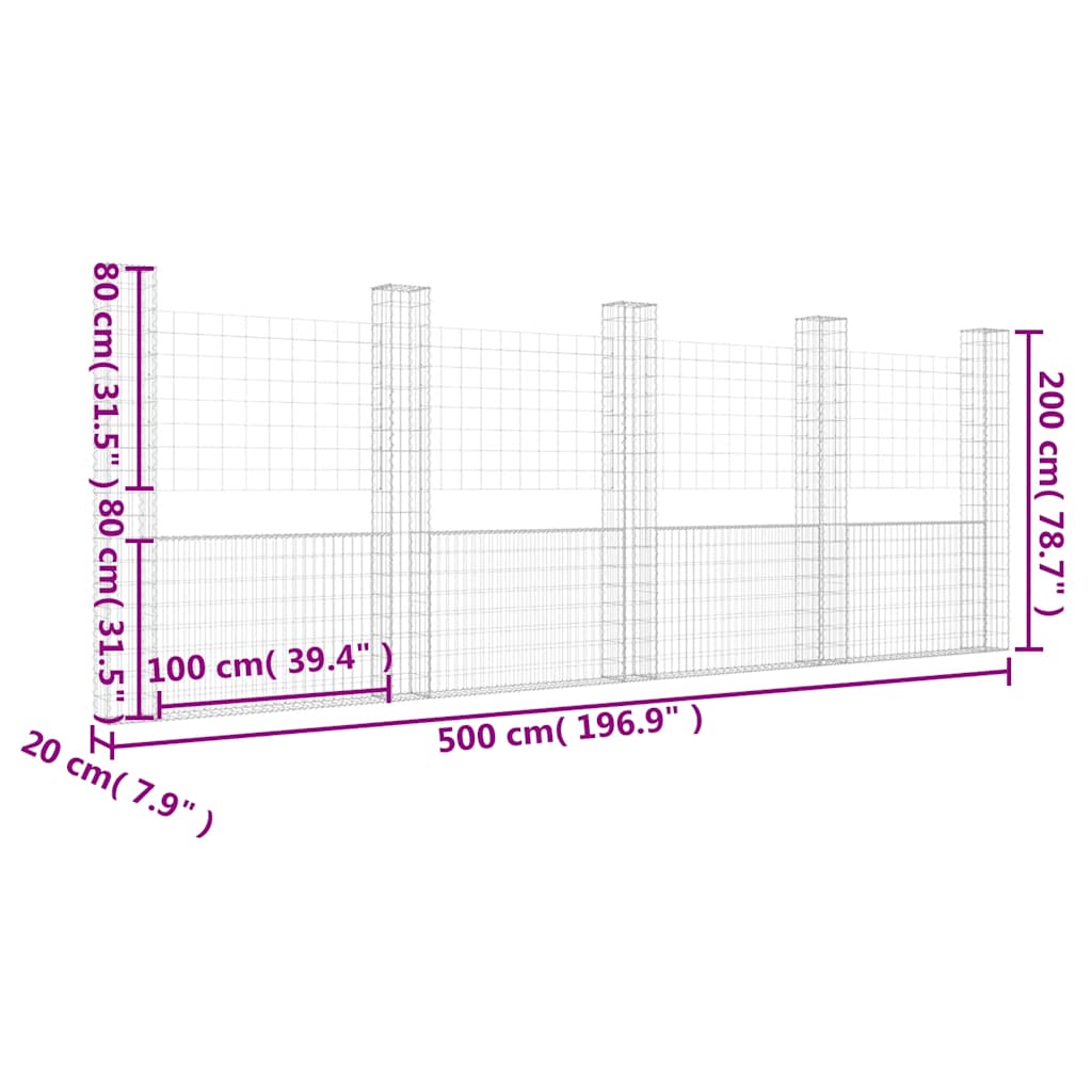 Gabion basket U-shape with 5 iron columns 500x20x200 cm