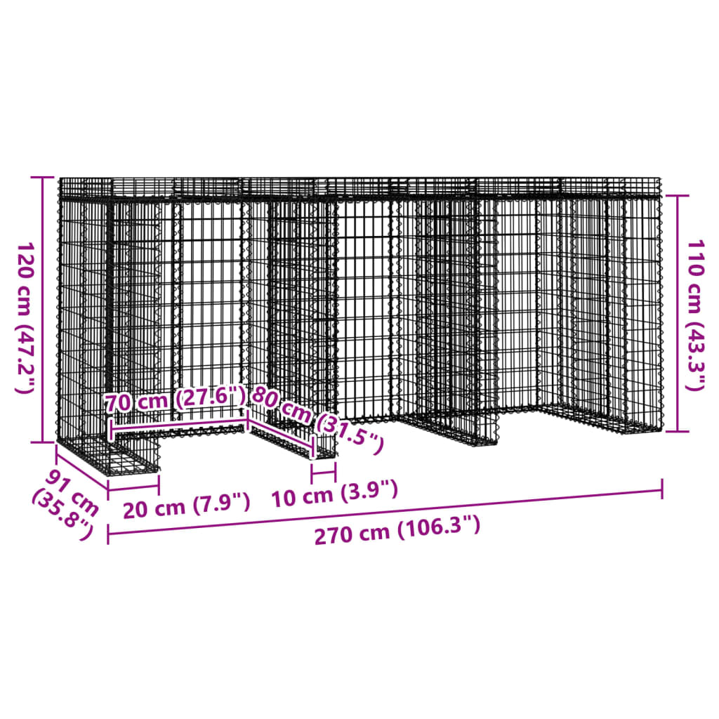 Gabionen-Mülltonnenbox 270x91x120 cm Verzinktes Eisen
