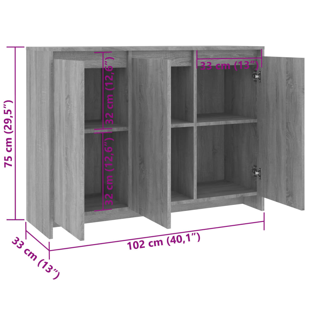 Sideboard Grau Sonoma 102x33x75 cm Holzwerkstoff