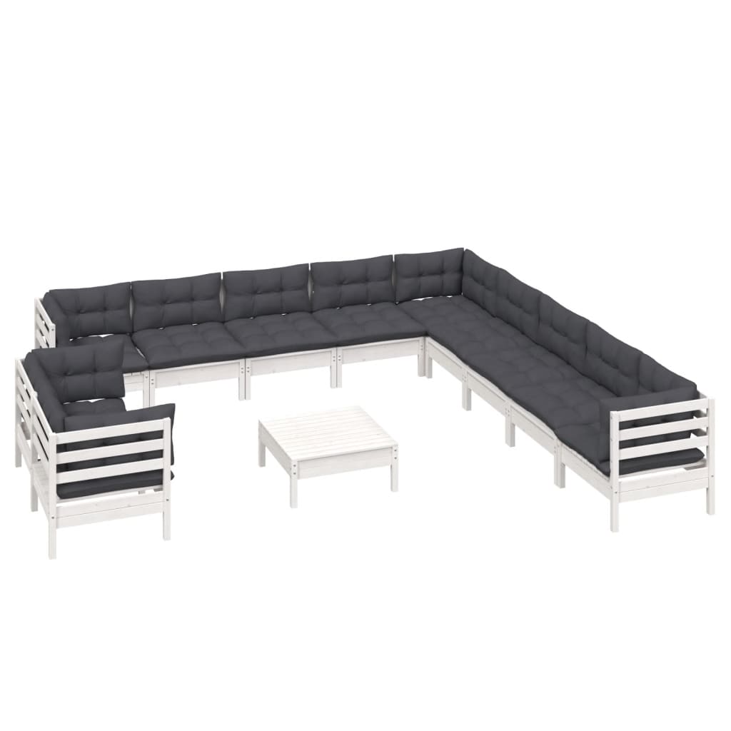 12-tlg. Garten-Lounge-Set mit Kissen Weiß Massivholz Kiefer