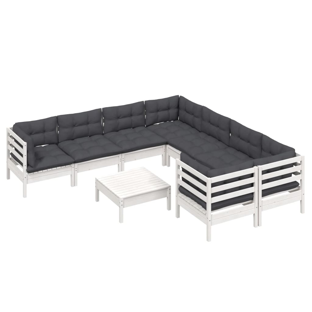 9-tlg. Garten-Lounge-Set mit Kissen Weiß Kiefernholz