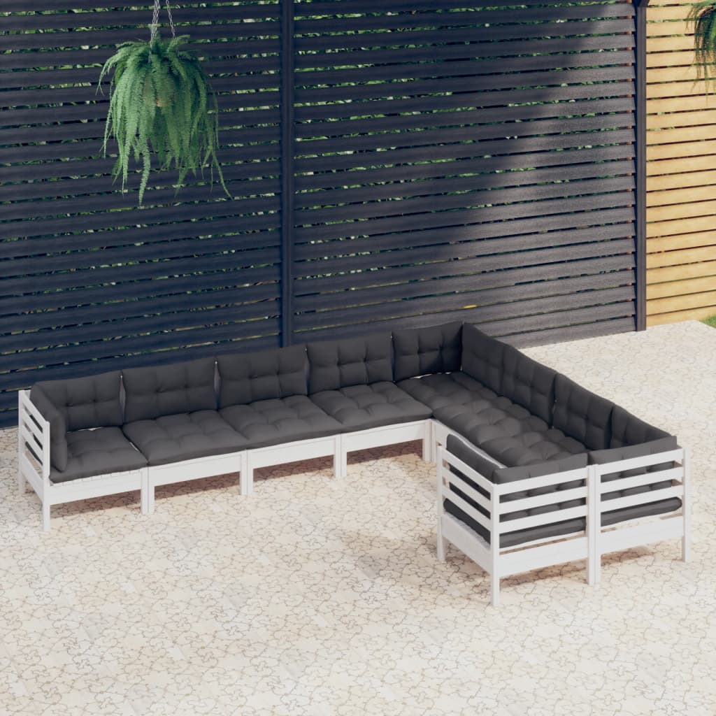 9-tlg. Garten-Lounge-Set mit Kissen Weiß Kiefernholz