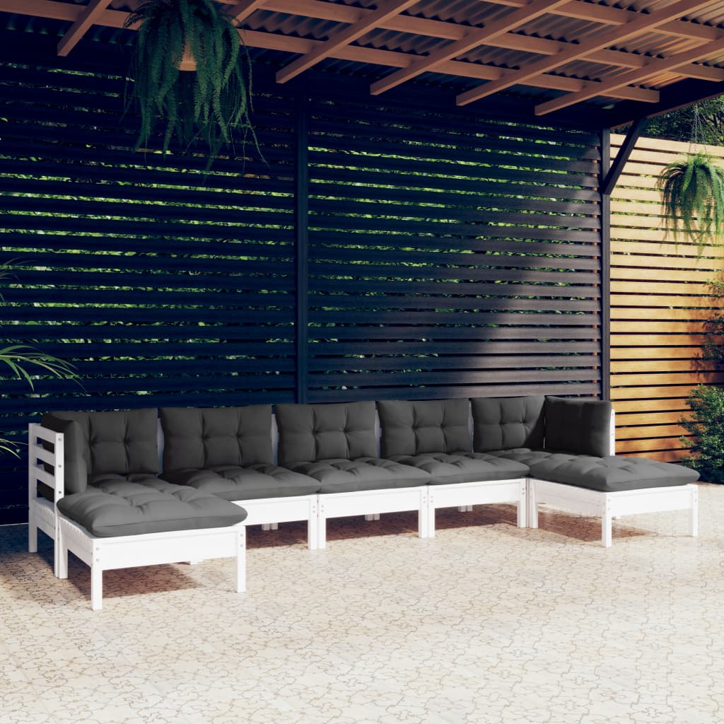 7-tlg. Garten-Lounge-Set mit Kissen Weiß Kiefernholz