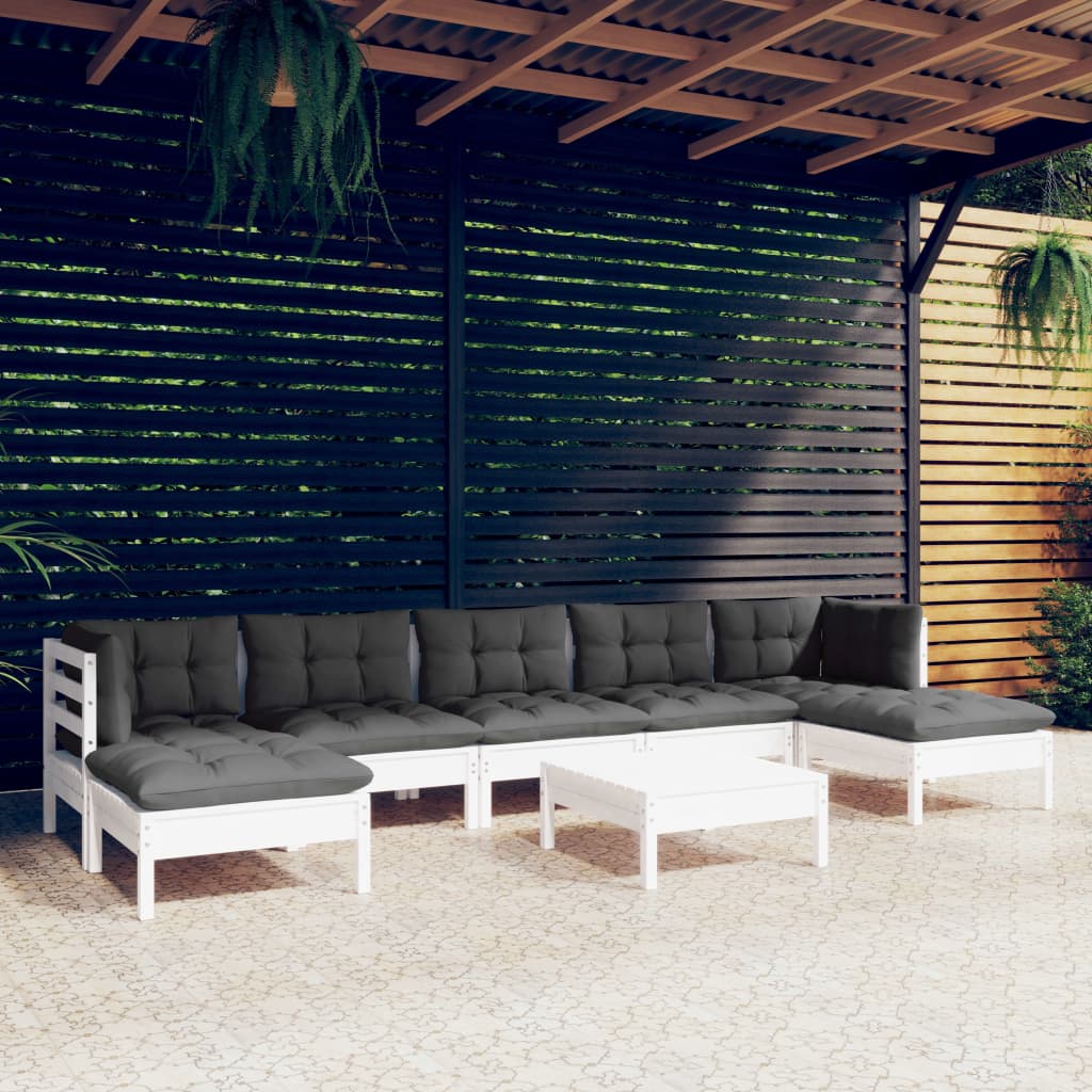 8-tlg. Garten-Lounge-Set mit Kissen Weiß Kiefernholz