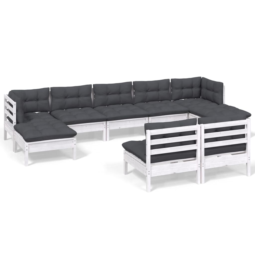 9-tlg. Garten-Lounge-Set mit Kissen Weiß Kiefernholz