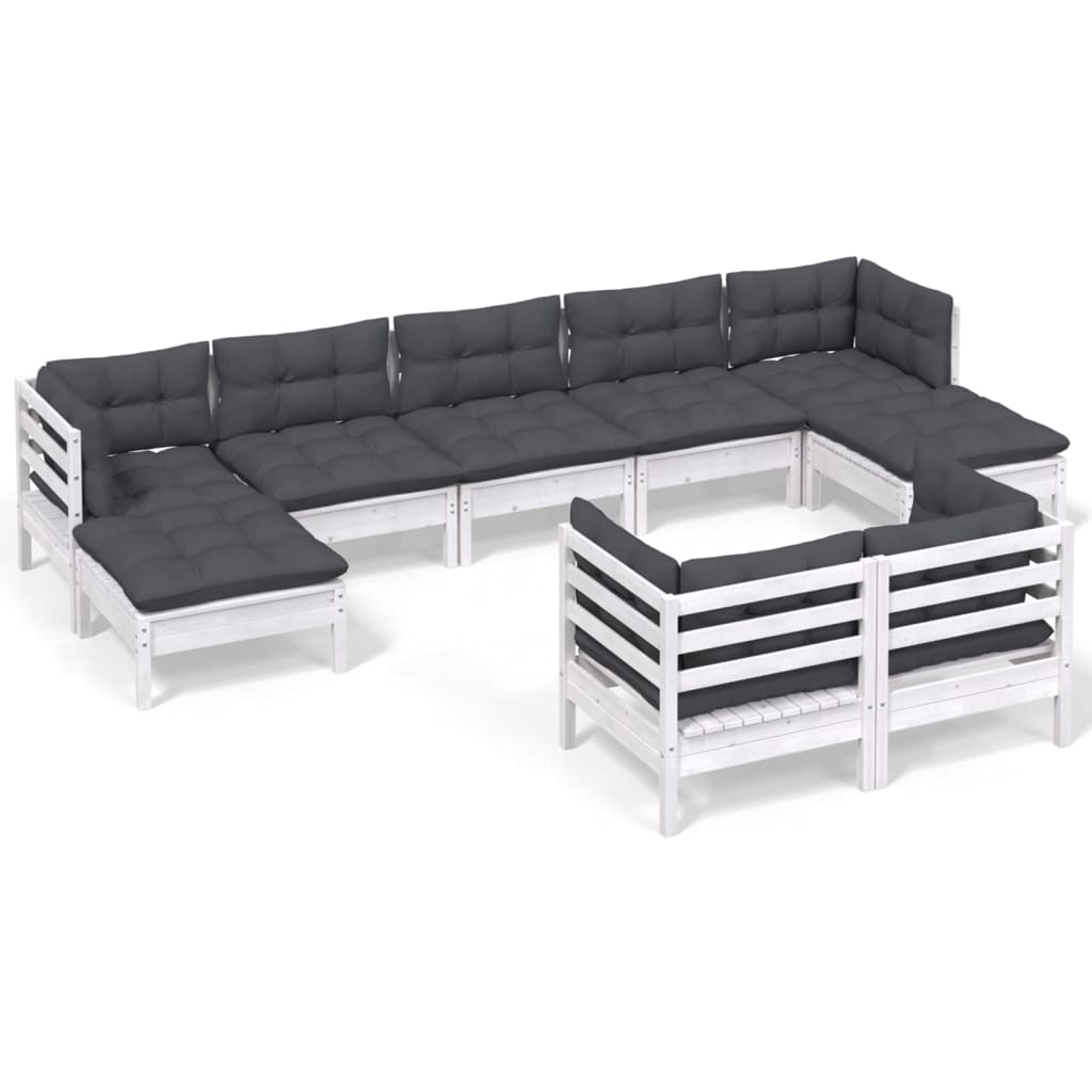 9-tlg. Garten-Lounge-Set mit Kissen Weiß Kiefer Massivholz