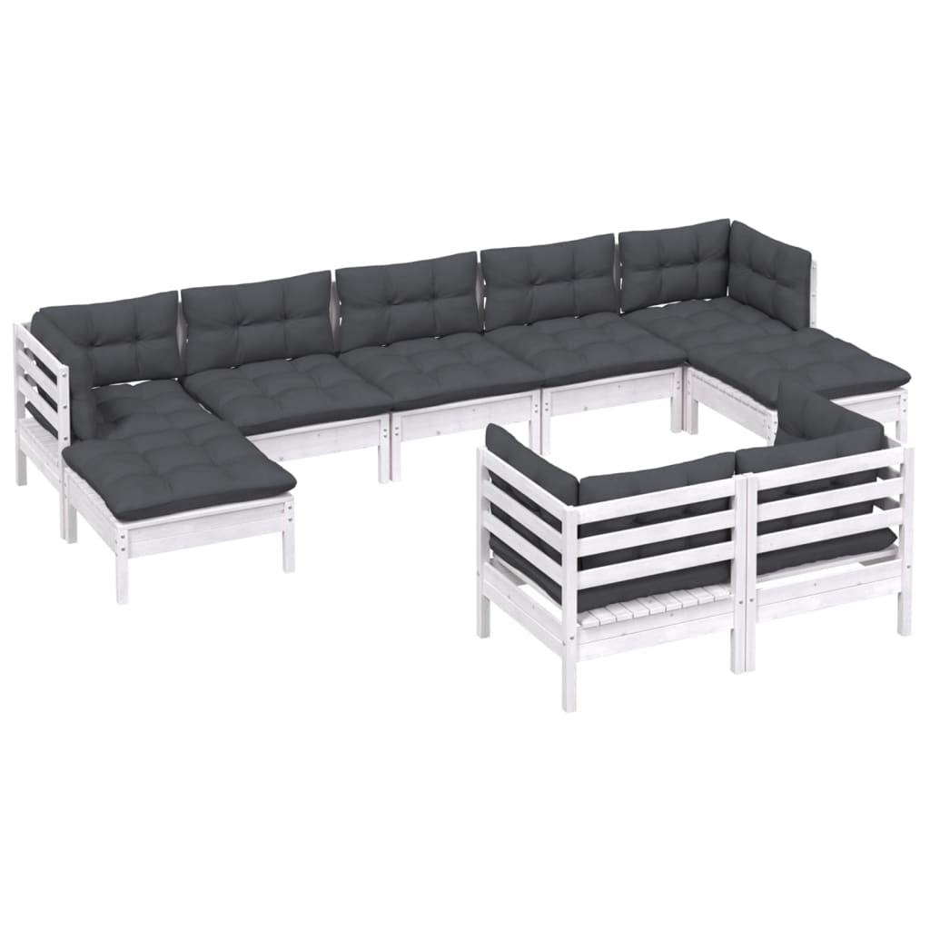 9-tlg. Garten-Lounge-Set mit Kissen Weiß Kiefer Massivholz