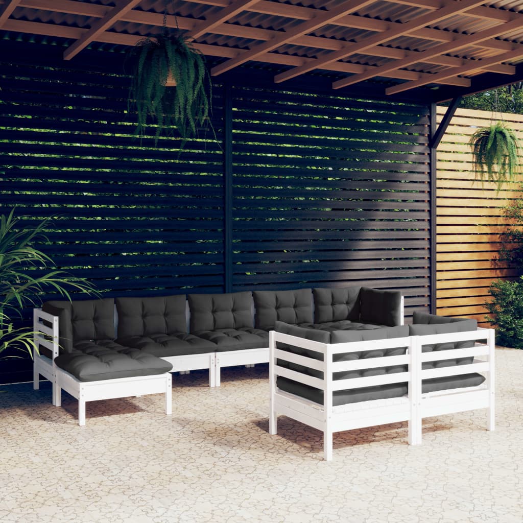 9-tlg. Garten-Lounge-Set mit Kissen Weiß Kiefer Massivholz