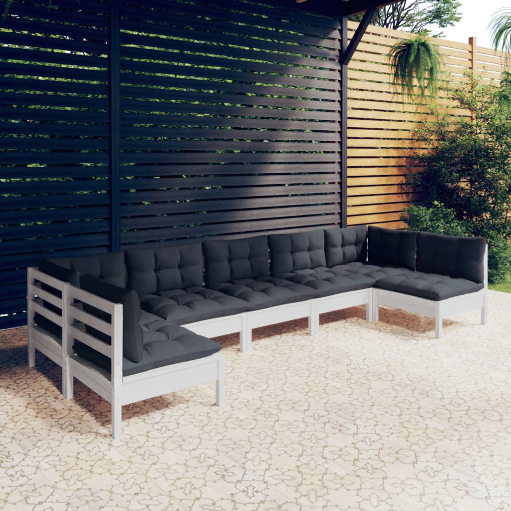 7-tlg. Garten-Lounge-Set mit Kissen Weiß Kiefer Massivholz
