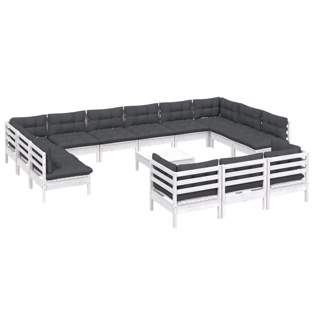 14-tlg. Garten-Lounge-Set mit Kissen Weiß Kiefernholz