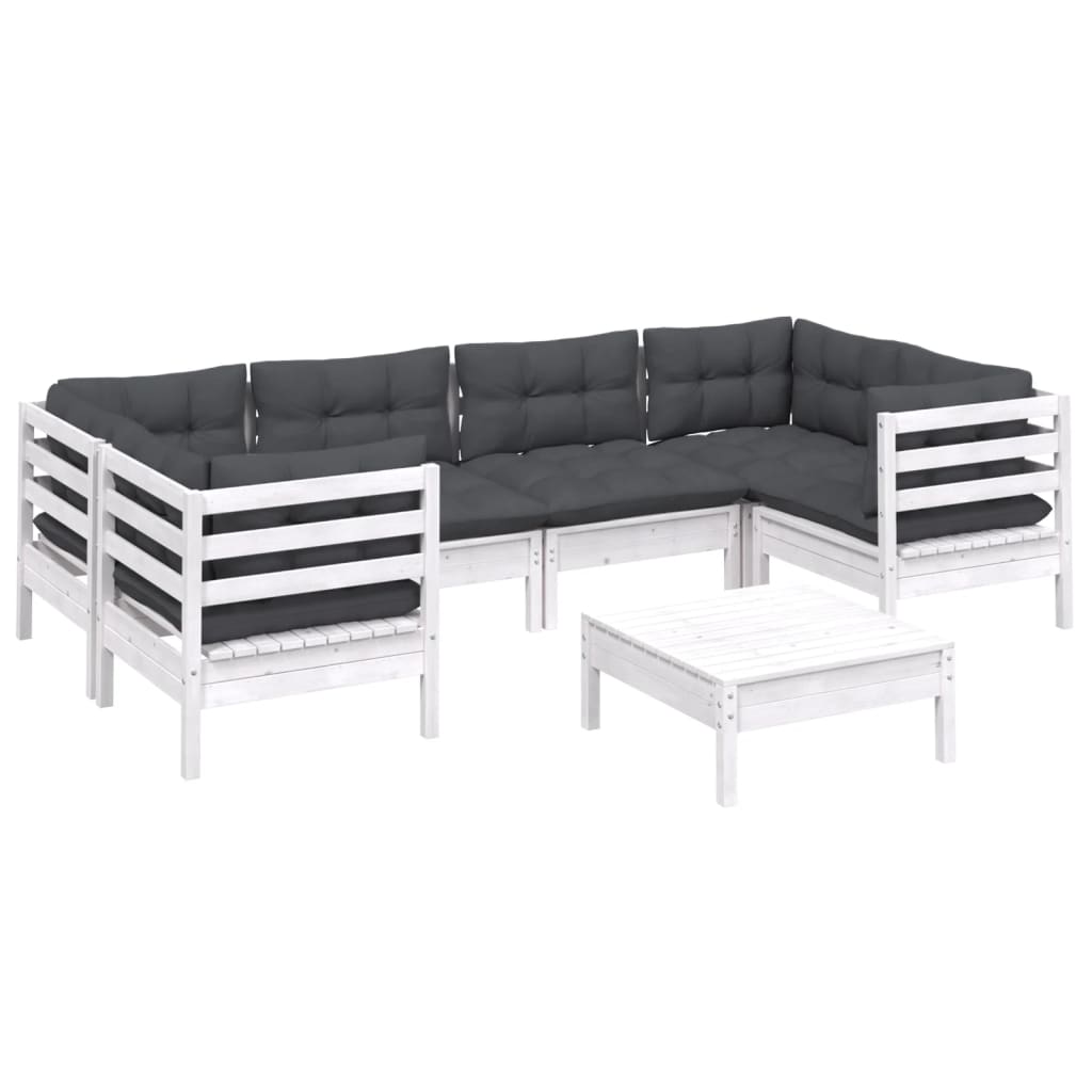 7-tlg. Garten-Lounge-Set mit Kissen Weiß Kiefernholz