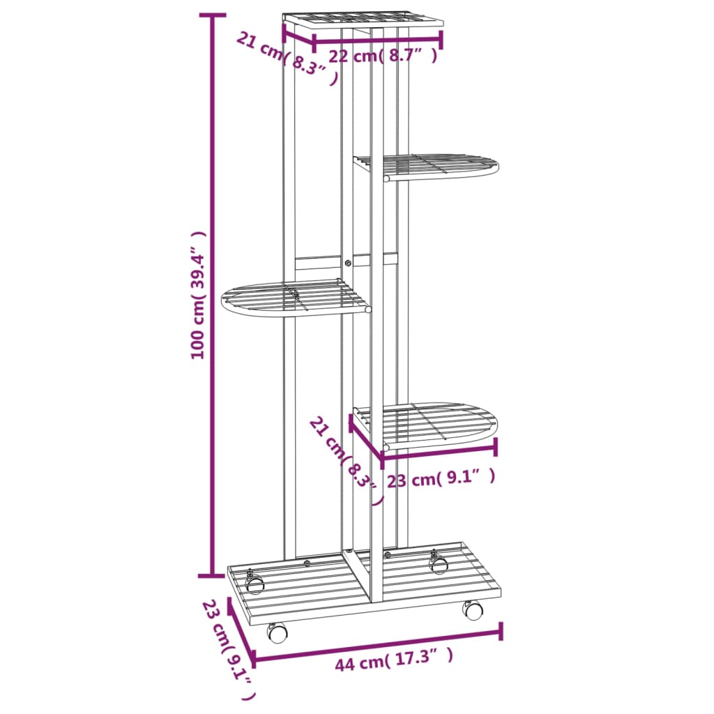 Flower stand 5-tier with wheels 44x23x100 cm white iron
