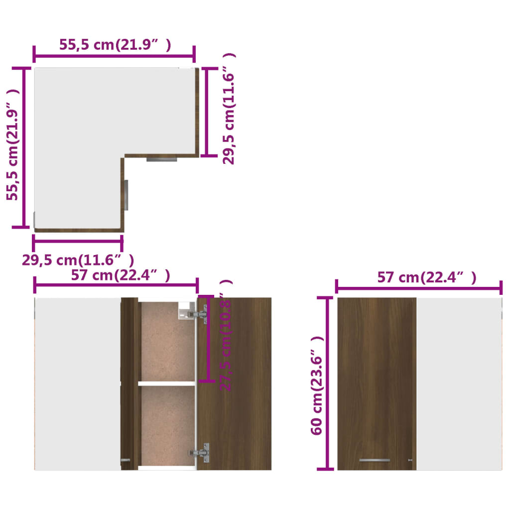 Corner wall cabinet Lyon brown oak look 57x57x60 cm wood material