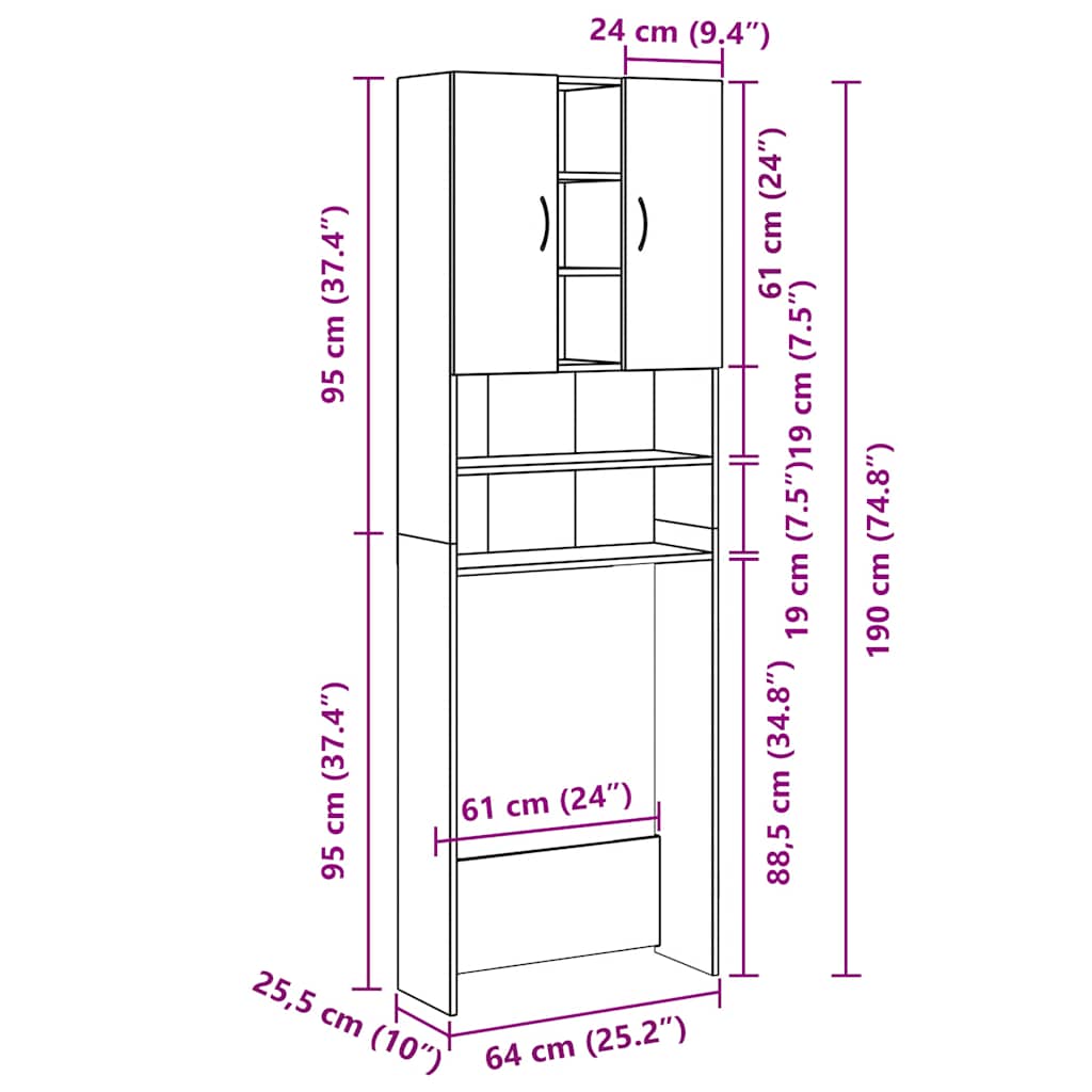 Waschmaschinenschrank Grau Sonoma 64x25,5x190 cm