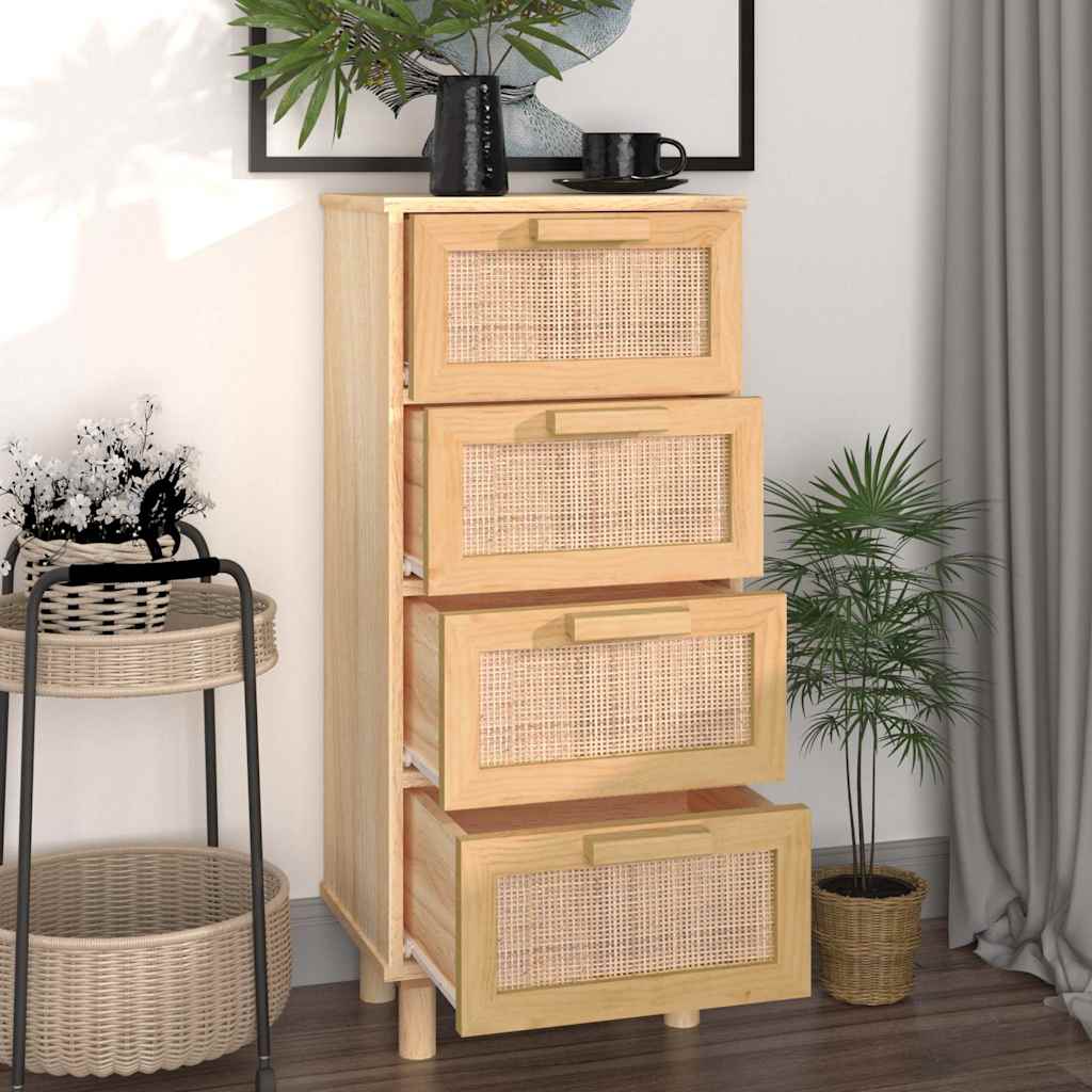 Sideboard Braun 40x30x90 cm Massivholz Kiefer und Natur-Rattan
