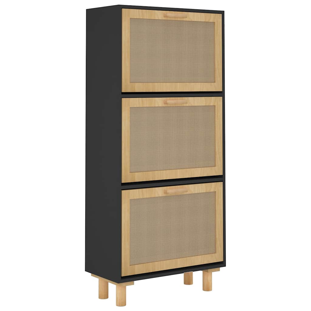 Schuhschrank Schwarz 52x25x115 cm Holzwerkstoff & Rattan Natur