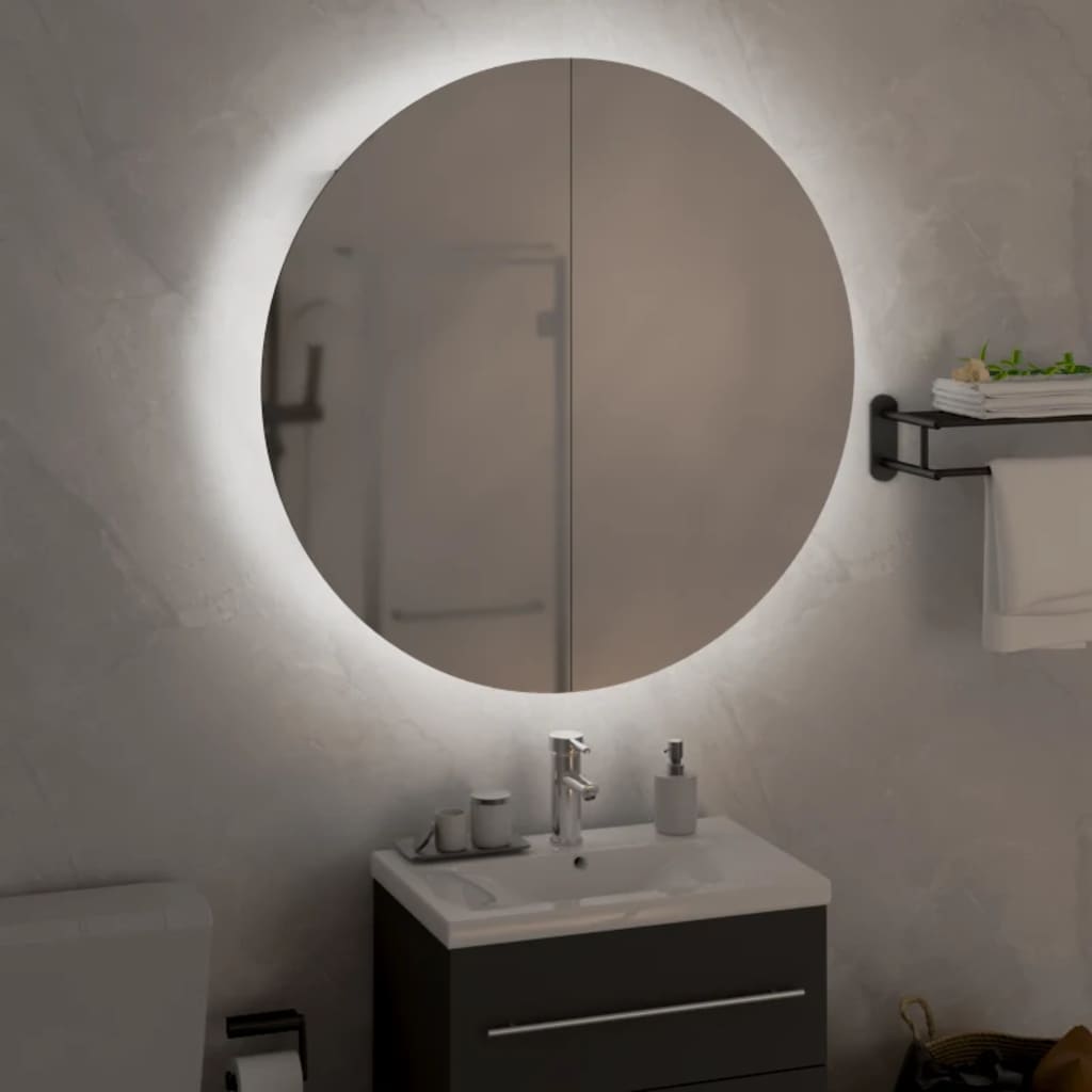 Bathroom cabinet with round mirror &amp; LED black 54x54x17.5cm