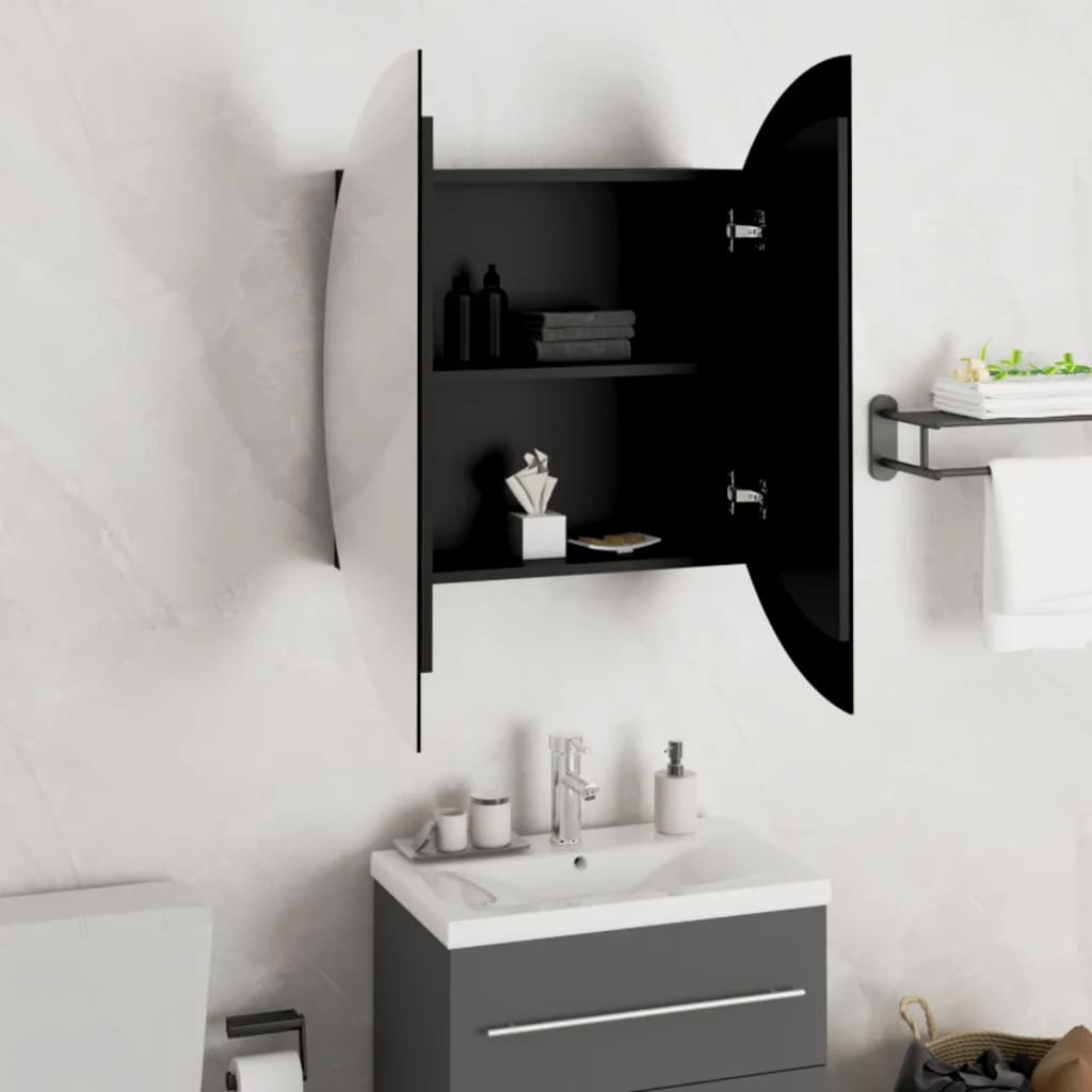 Bathroom cabinet with round mirror &amp; LED black 54x54x17.5cm