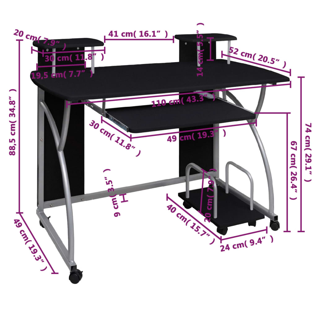 Computer desk black 110x52x88.5 cm wood-based material