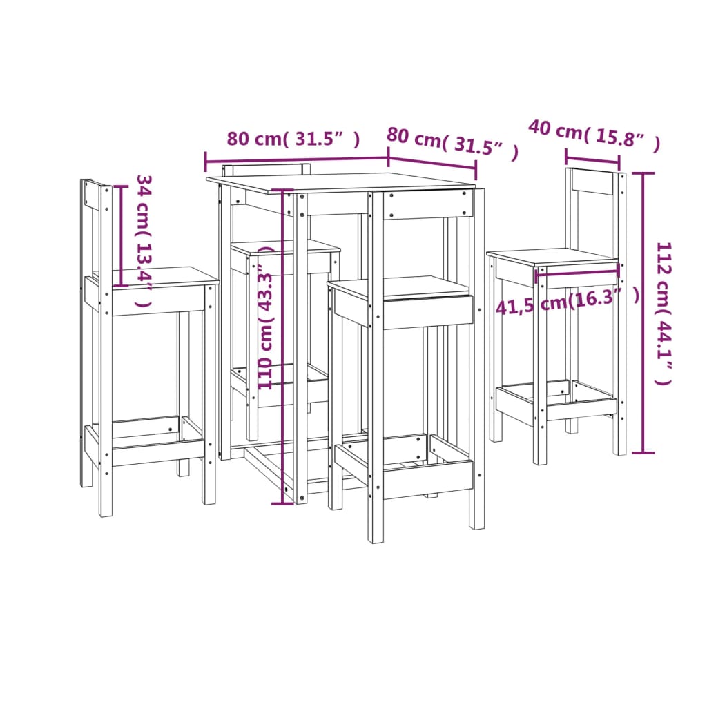 5-piece bar set made of solid pine