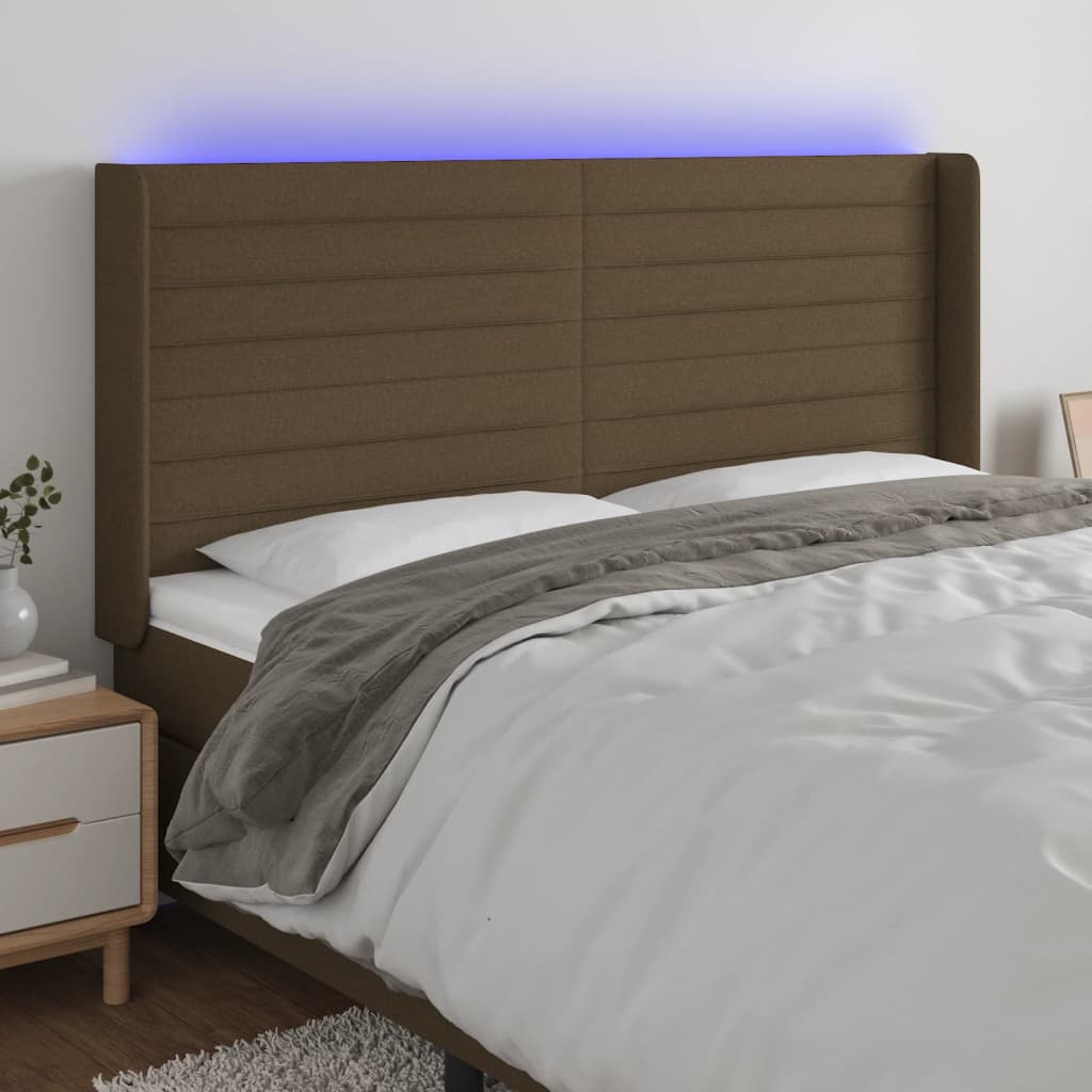 LED headboard dark brown 163x16x118/128 cm fabric