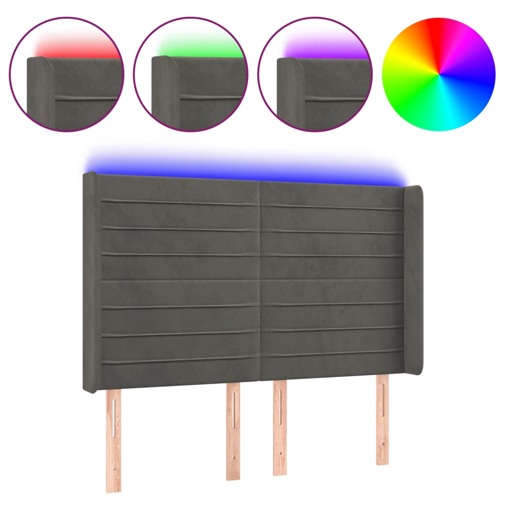 LED headboard dark grey 147x16x118/128 cm velvet