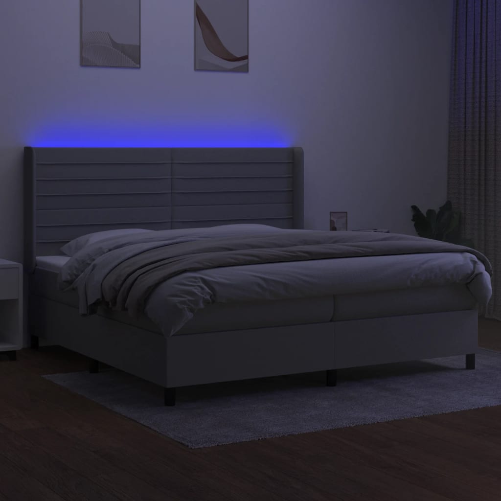 Box spring bed with mattress &amp; LED light grey 200x200 cm fabric