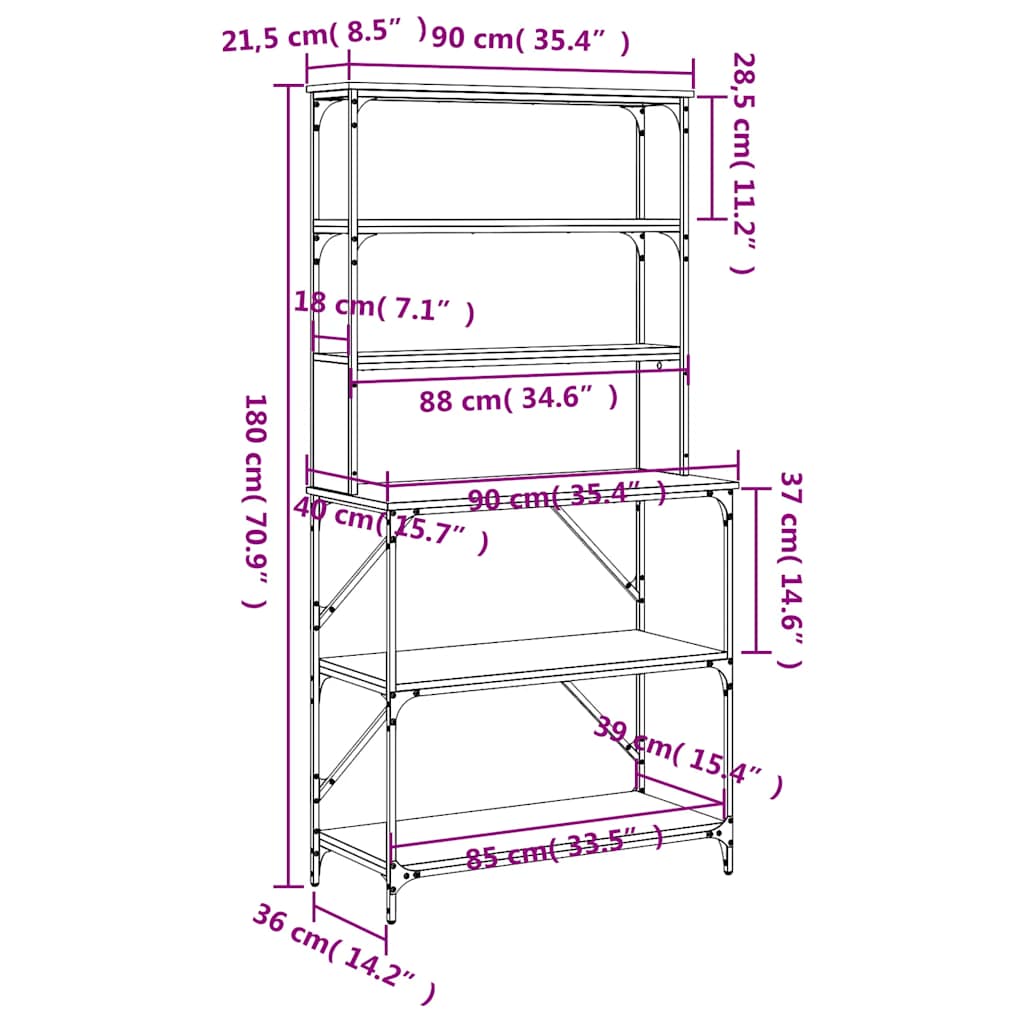 Baker's shelf 6 compartments brown oak look 90x40x180 cm