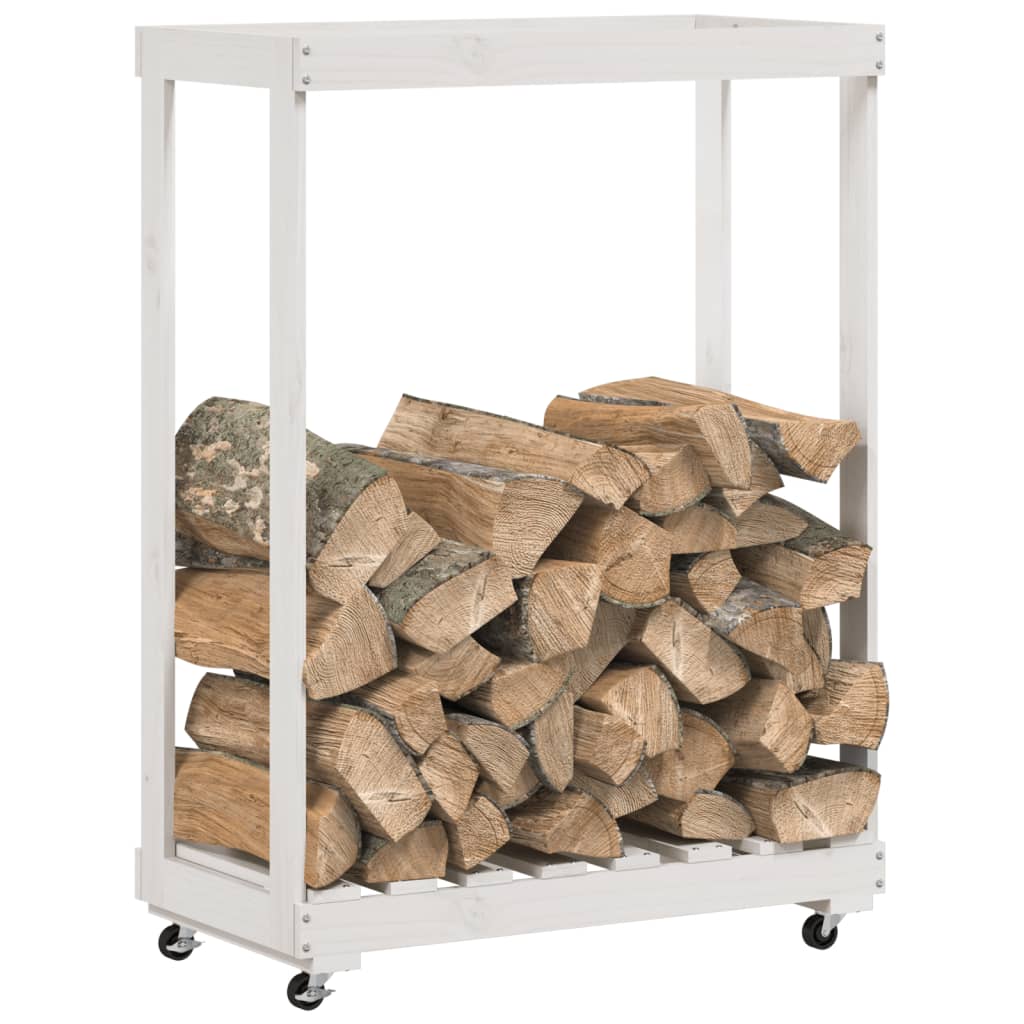 Firewood rack with wheels white 76.5x40x108 cm solid pine