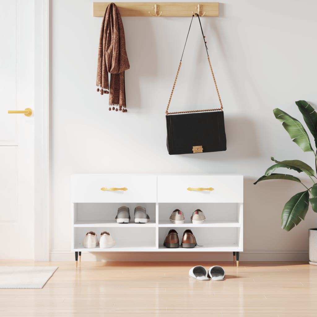 Shoe bench high gloss white 102x35x55 cm wood material
