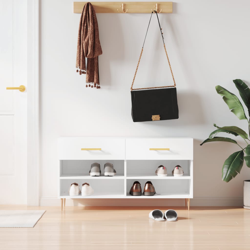 Shoe bench high gloss white 102x35x55 cm wood material