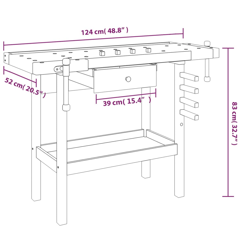 Workbench with drawers and vices 124x52x83 cm acacia wood