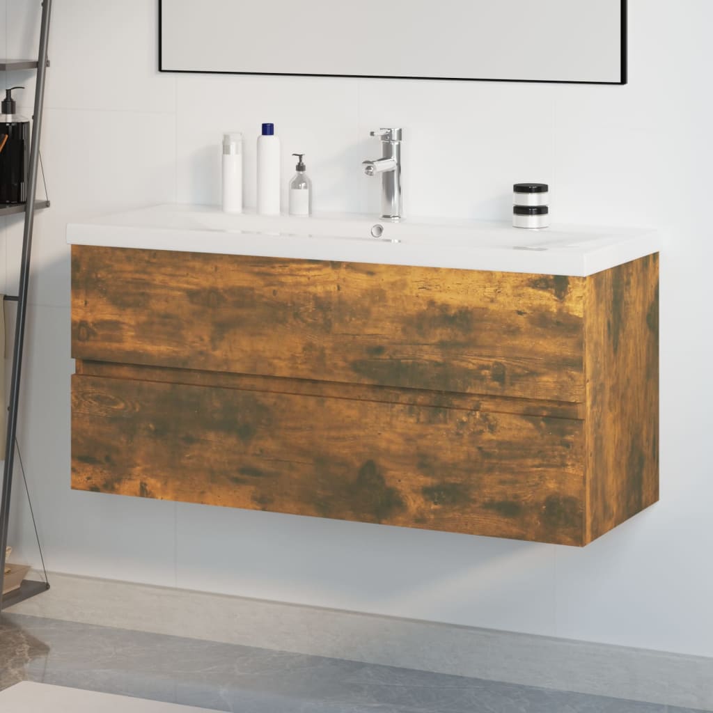 Washbasin cabinet with built-in basin smoked oak wood material