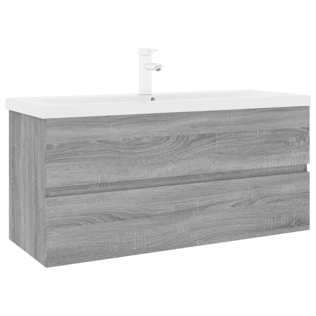 Washbasin cabinet with built-in basin, grey Sonoma wood material