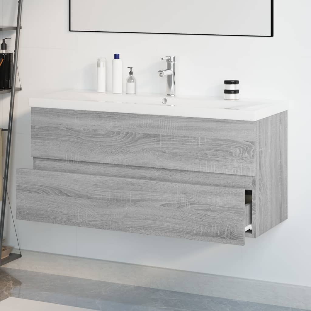 Washbasin cabinet with built-in basin, grey Sonoma wood material